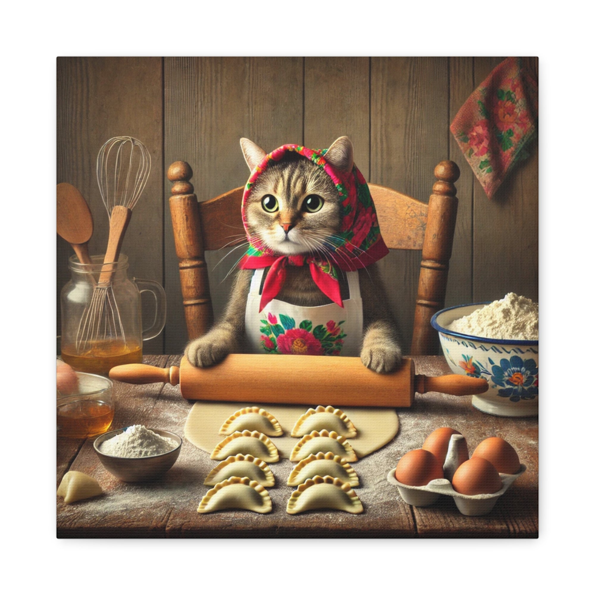 Babushka Cat Making Pierogi Matte Canvas, Stretched, 1.25"