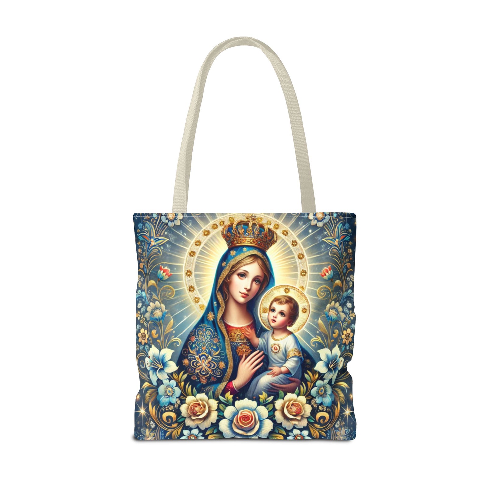 Virgin Mary Baby Jesus Floral Folk Art Tote Bag