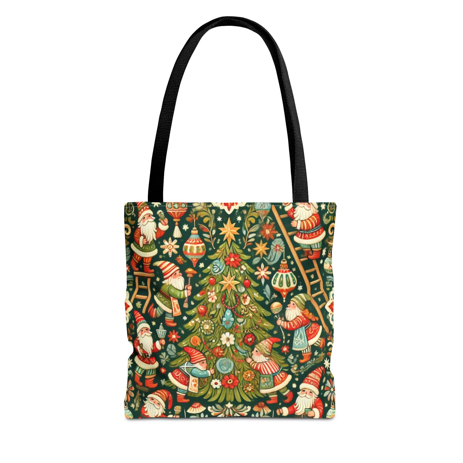The Christmas Gnomes Decorating Tree Holiday Tote Bag features a festive design with gnomes and a decorated tree on a polyester tote with black handles, printed in vibrant holiday colors using dye sublimation.