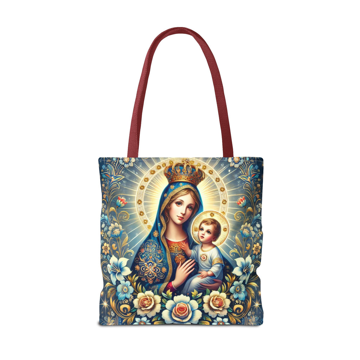 Virgin Mary Baby Jesus Floral Folk Art Tote Bag