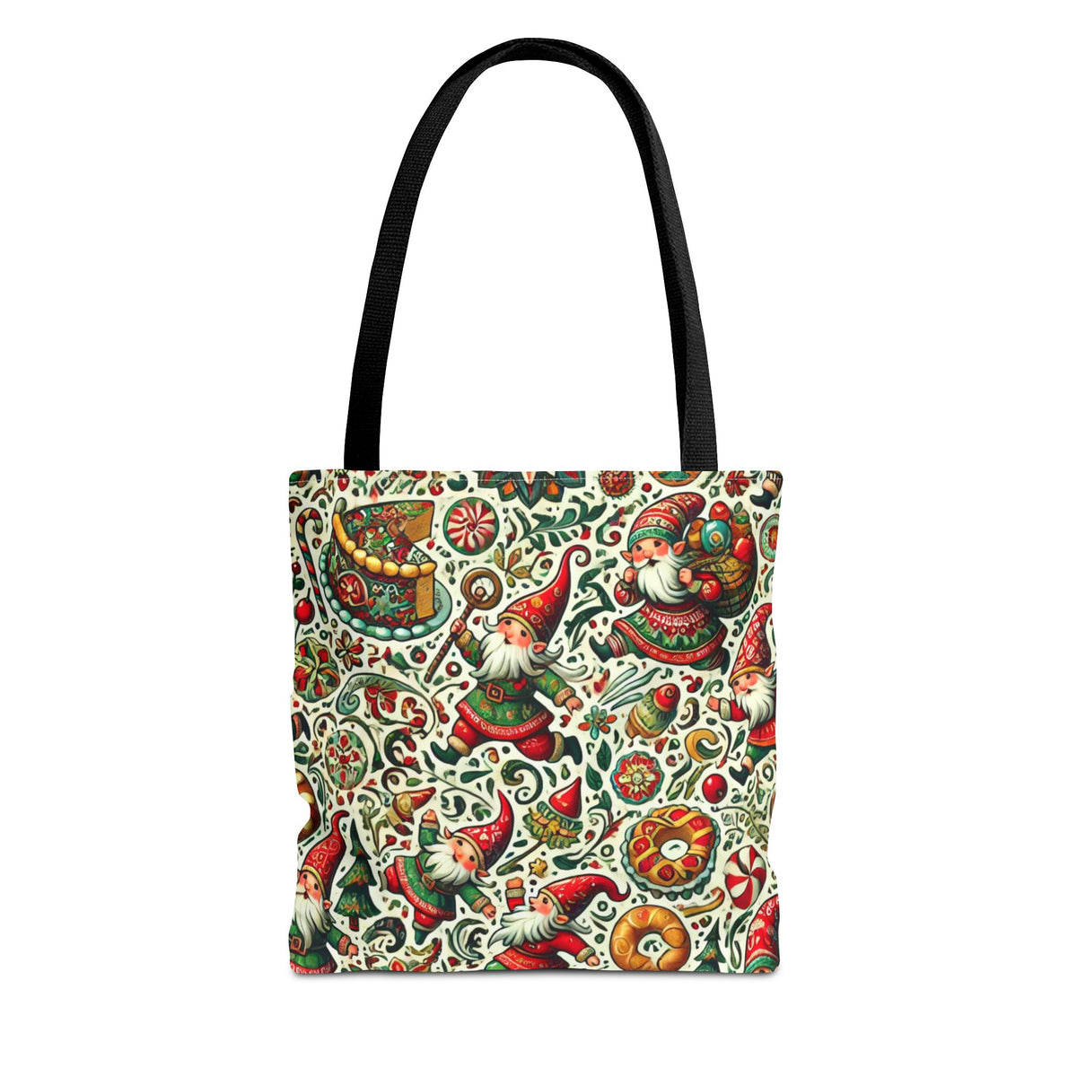 The Christmas Gnomes Food Fight Whimsical Holiday Tote Bag features a festive all-over print and sturdy black handles, crafted from durable polyester—perfect for everyday use and adding holiday cheer.