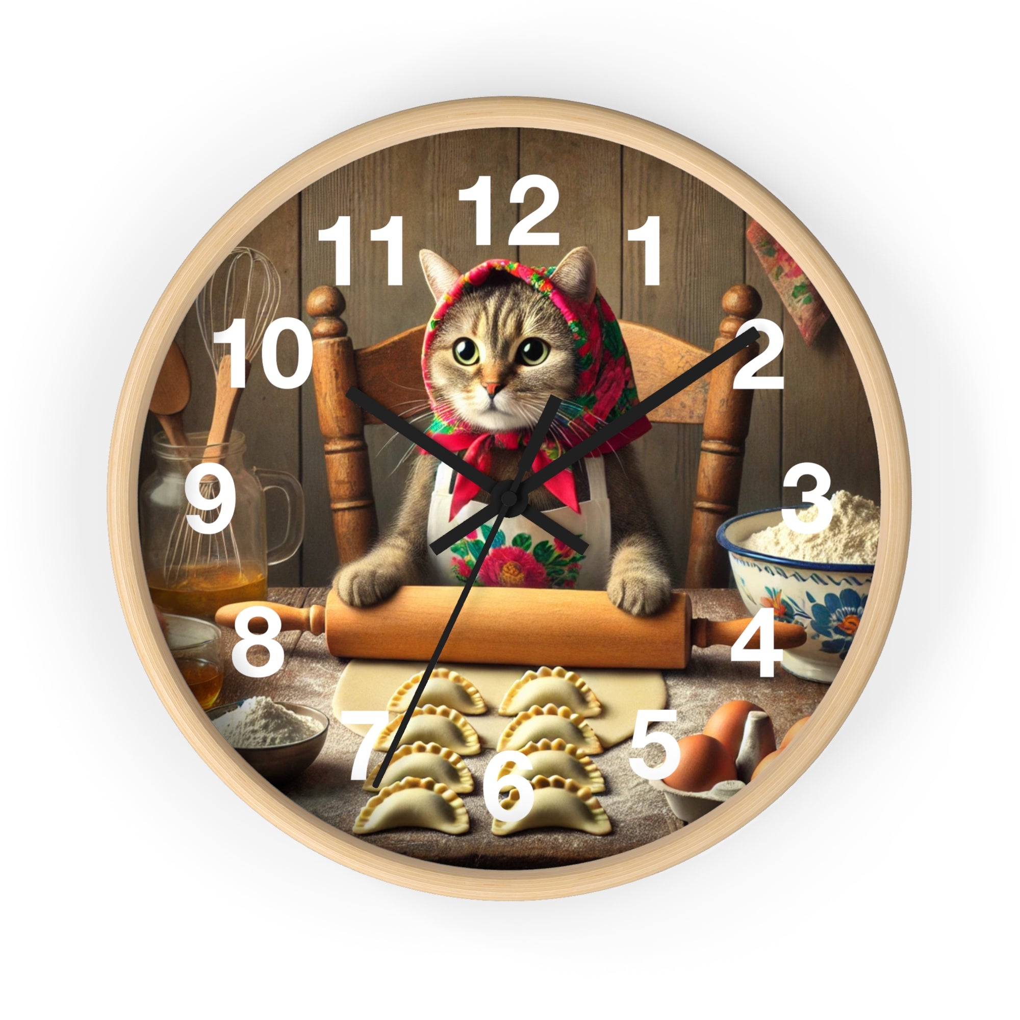Babushka Cat Making Pierogi Wall Clock