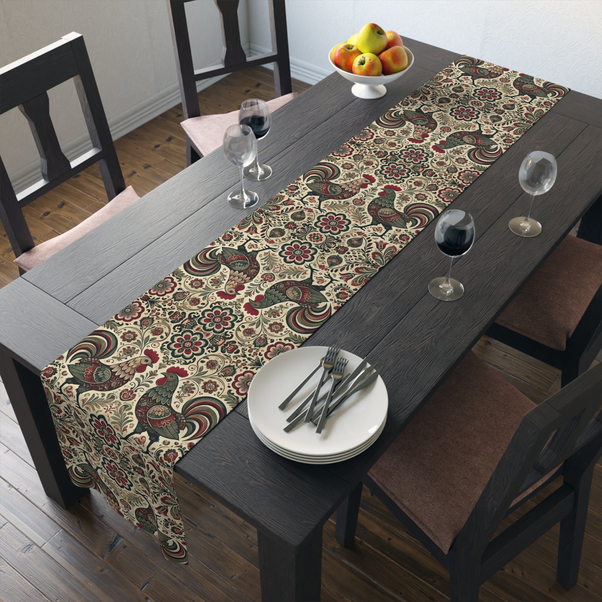 Retro Themed Polish Wycinanki Rooster Floral Table Runner