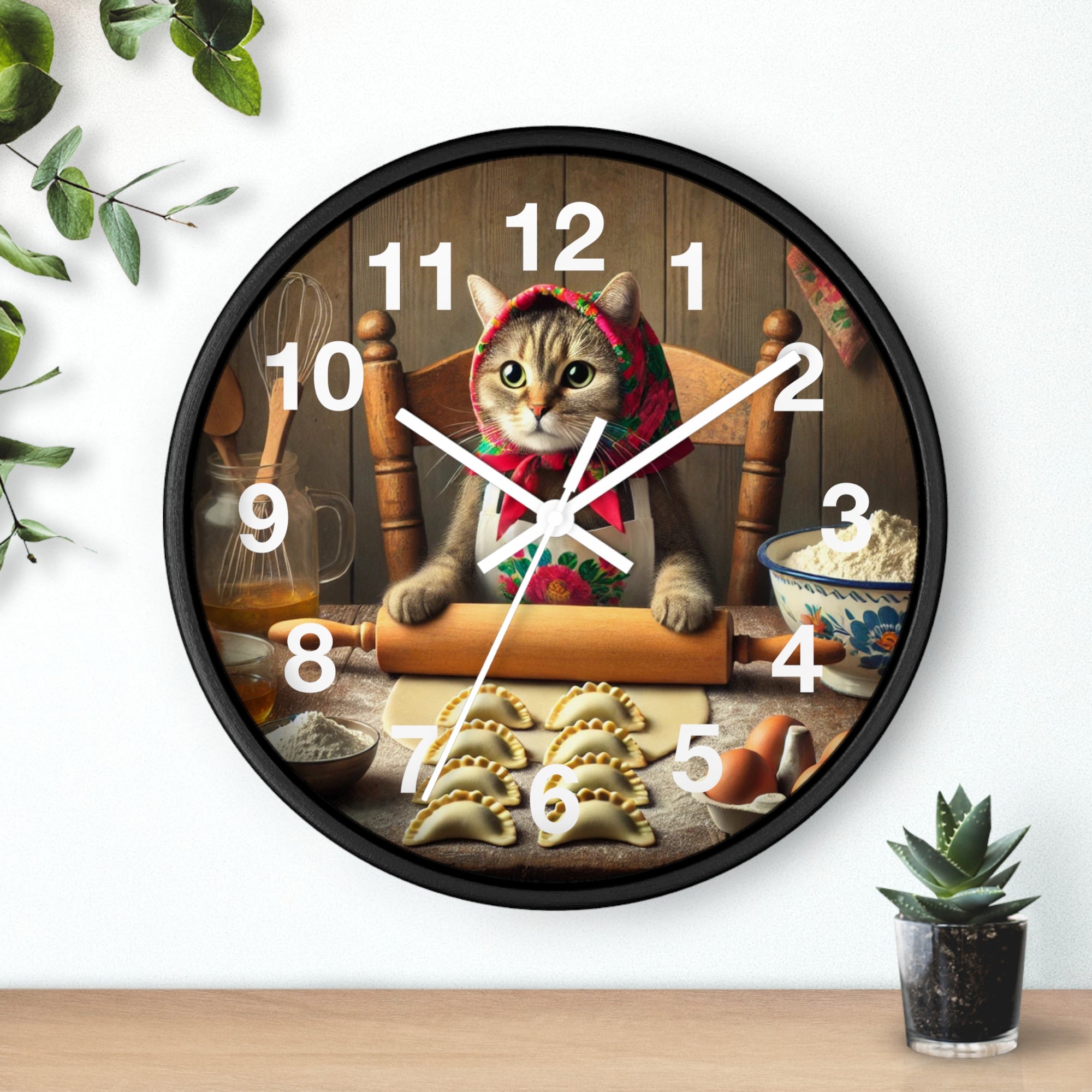 Babushka Cat Making Pierogi Wall Clock