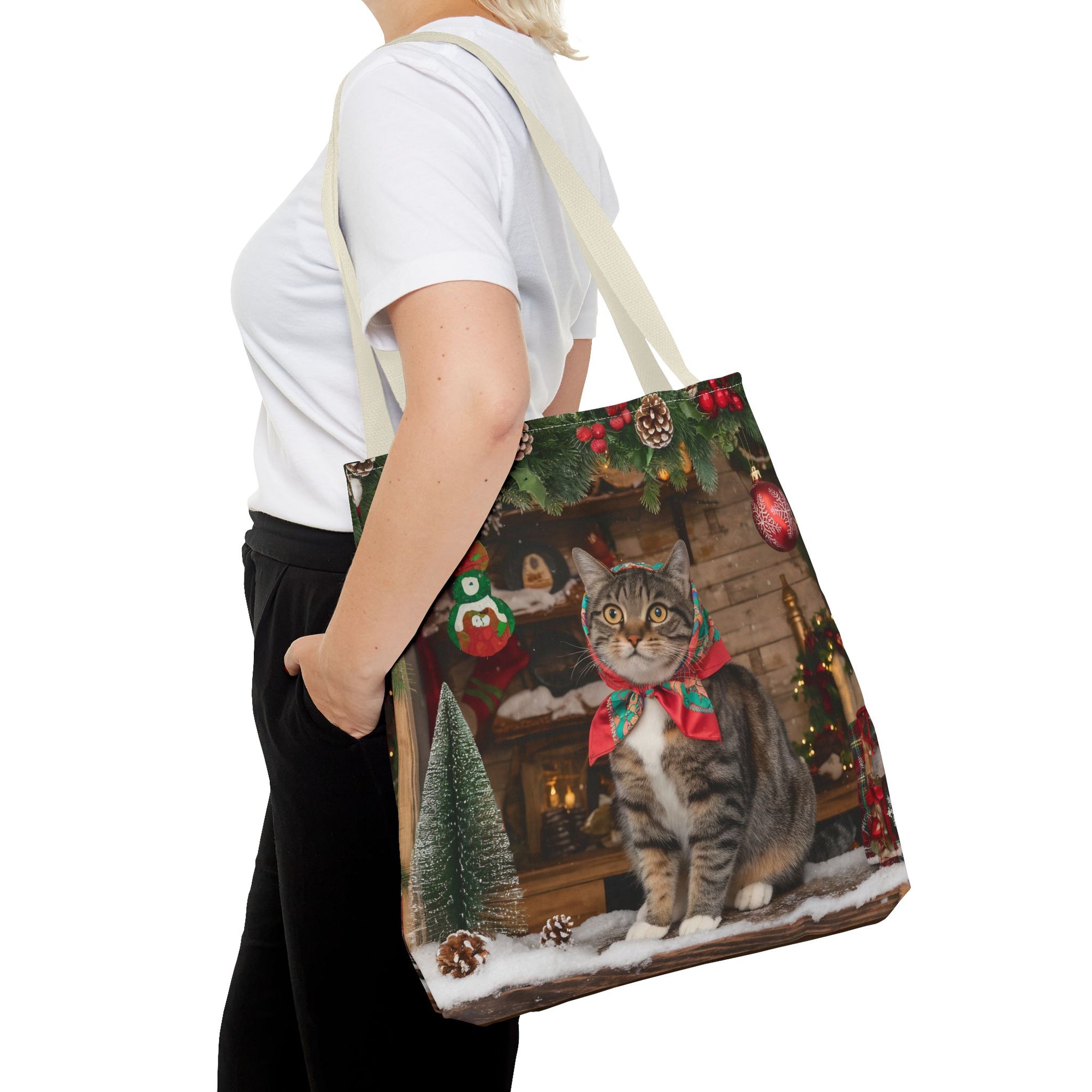 Cat with Babushka Christmas Tote Bag