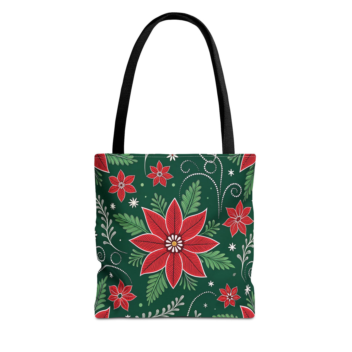 The Christmas Poinsettia Folk Art Tote Bag features black handles and a festive pattern of red poinsettias, green leaves, and white swirls on dark green—ideal for adding holiday cheer to your outings.