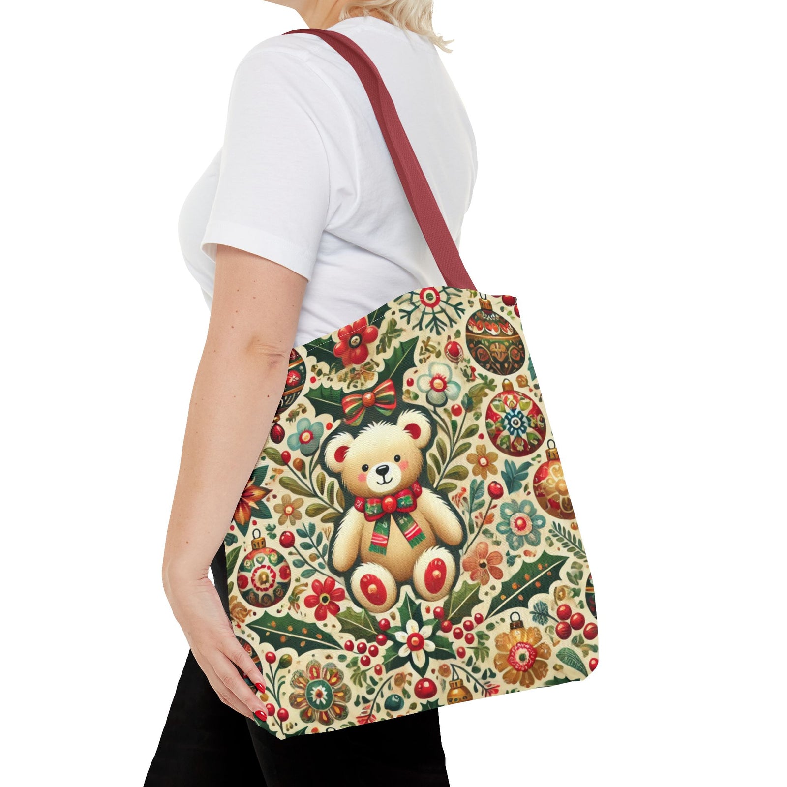 Festive Teddy Bear Folk Art Christmas Holiday Tote Bag