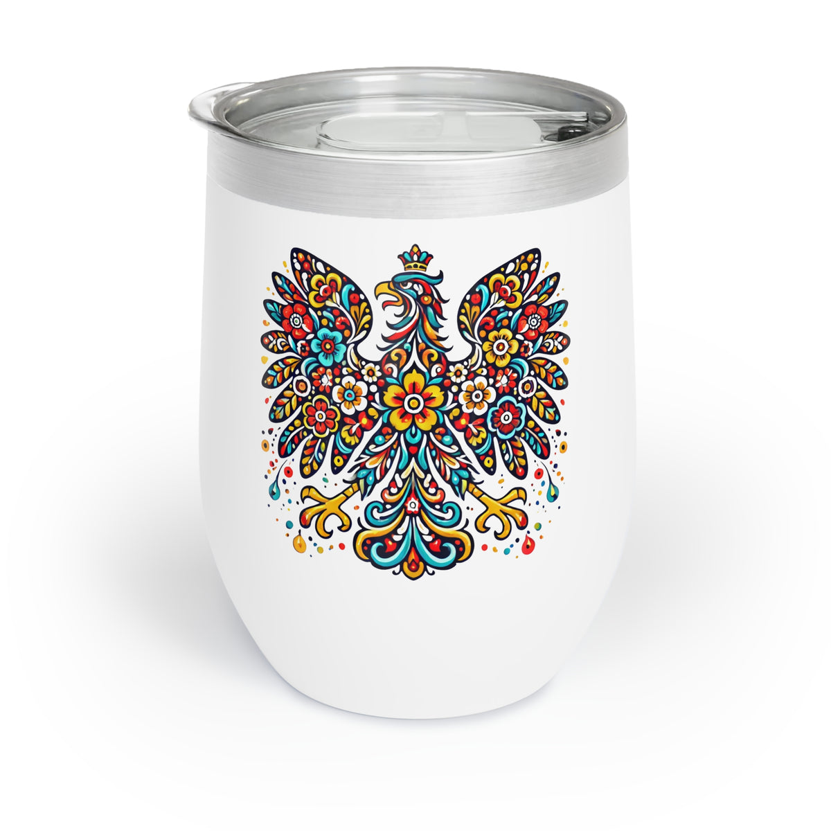 The Floral Polish Eagle Wine Tumbler is a white stainless steel drinkware with a vibrant, colorful eagle design and a clear plastic lid—perfect for showing off bold style on the go.