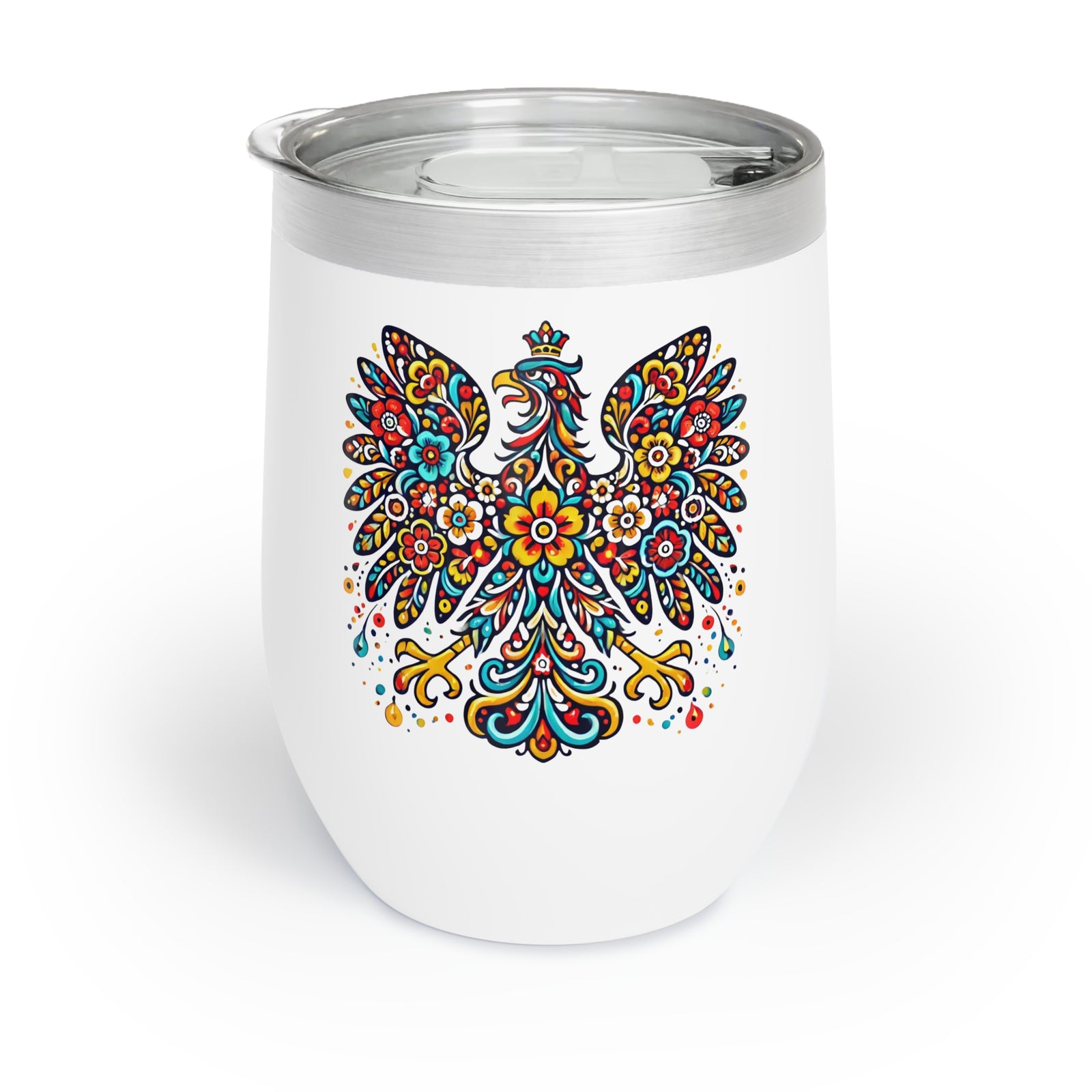 The Floral Polish Eagle Wine Tumbler is a white stainless steel drinkware with a vibrant, colorful eagle design and a clear plastic lid—perfect for showing off bold style on the go.