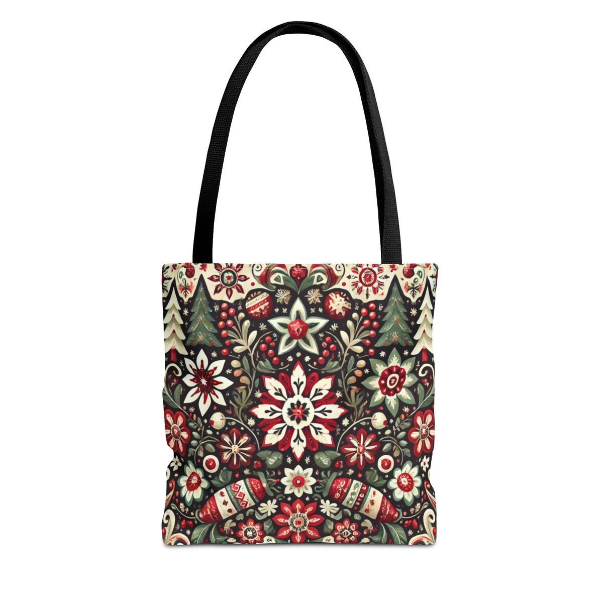 The Antique Holiday Retro Christmas Folk Art Tote Bag features black handles and a festive print of red, white, and green florals, Christmas trees, and ornaments on a cream background.