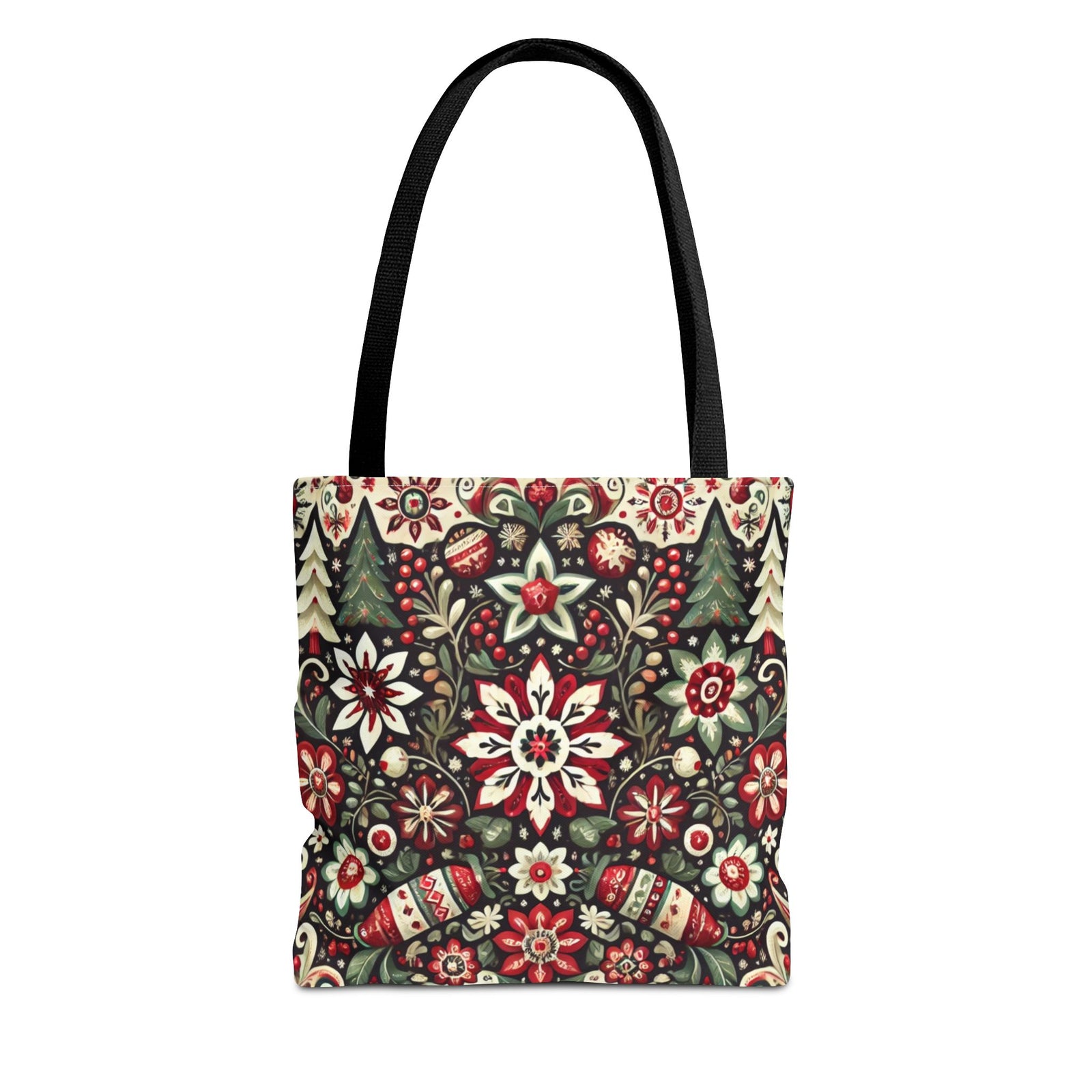 The Antique Holiday Retro Christmas Folk Art Tote Bag features black handles and a festive print of red, white, and green florals, Christmas trees, and ornaments on a cream background.