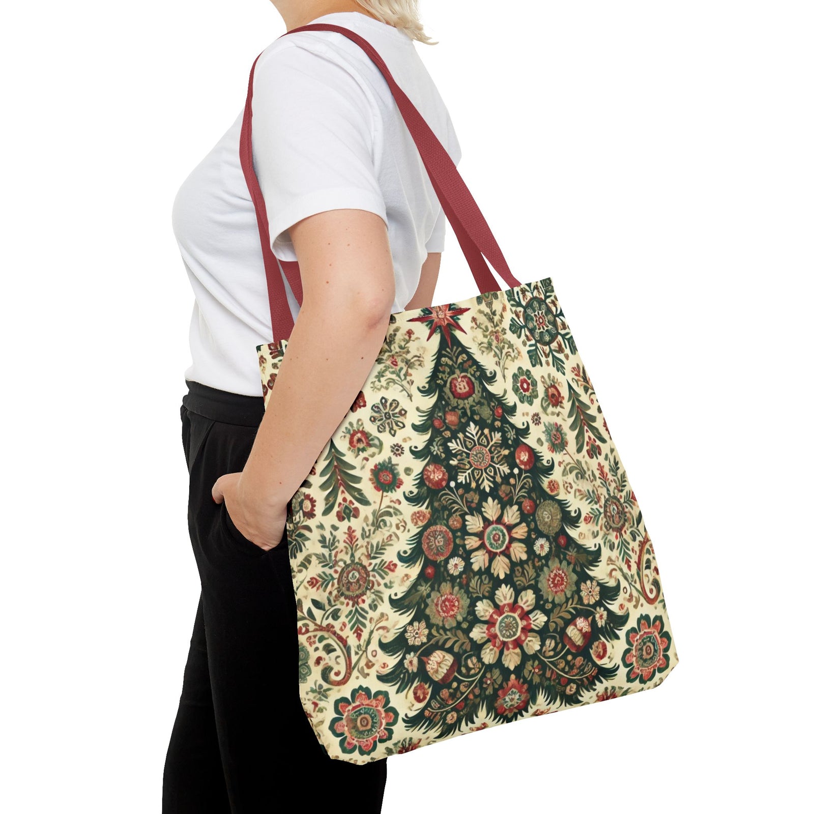 Vintage Christmas Trees Polish Folk Art Pattern Tote Bag