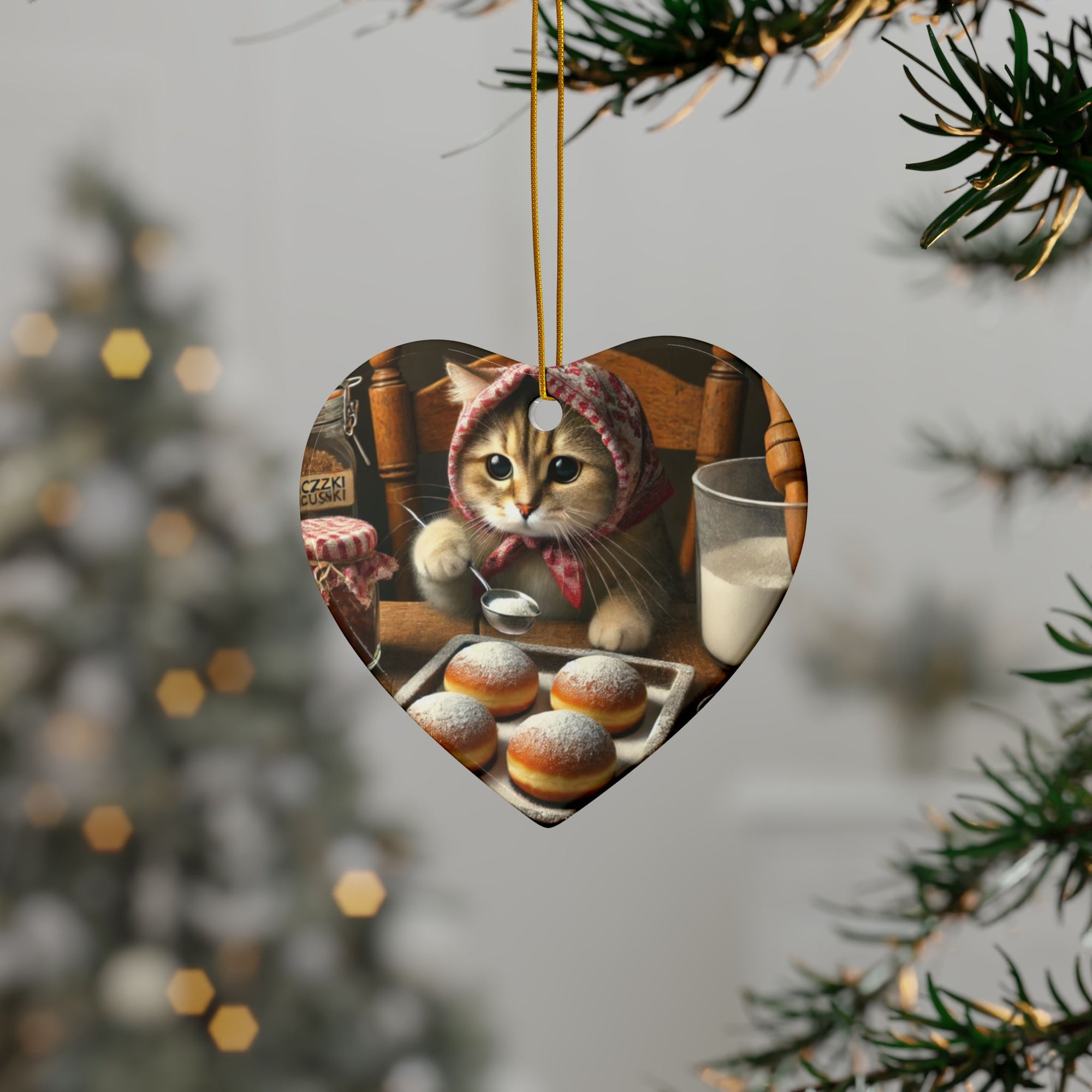 Babushka Cat Making Paczki Ceramic Ornaments