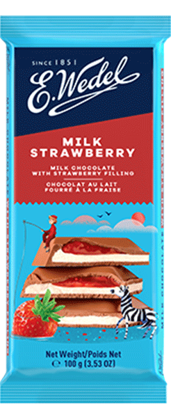 A Wedel Milk-Strawberry Chocolate (Truskawkowa) 100g bar with a blue and red wrapper, showing milk strawberry chocolate pieces with strawberry filling, a zebra, and a person on a horse. Net weight: 100g (3.53 oz).