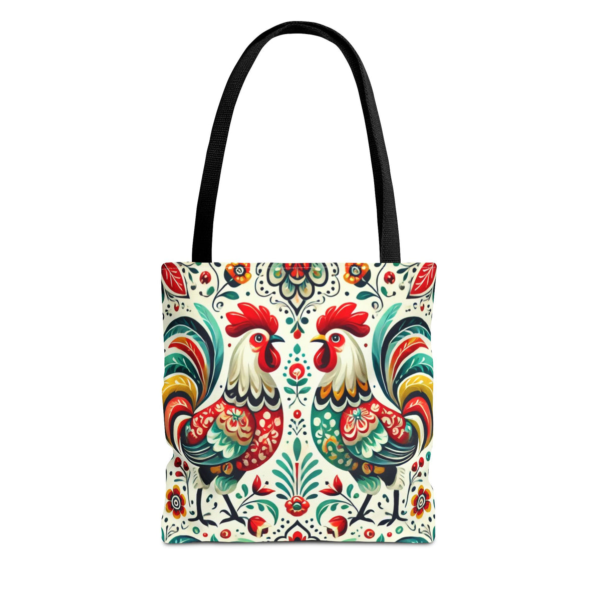 The Vibrant Floral Folk Art Chicken Tote Bag features two colorful roosters facing each other with flowers and leaves, printed on a black background.