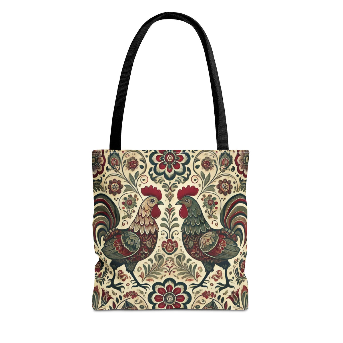 The Retro Themed Polish Wycinanki Rooster Pattern Folk Art Tote Bag features black handles and a vibrant print of two roosters amid ornate floral designs on a cream background.