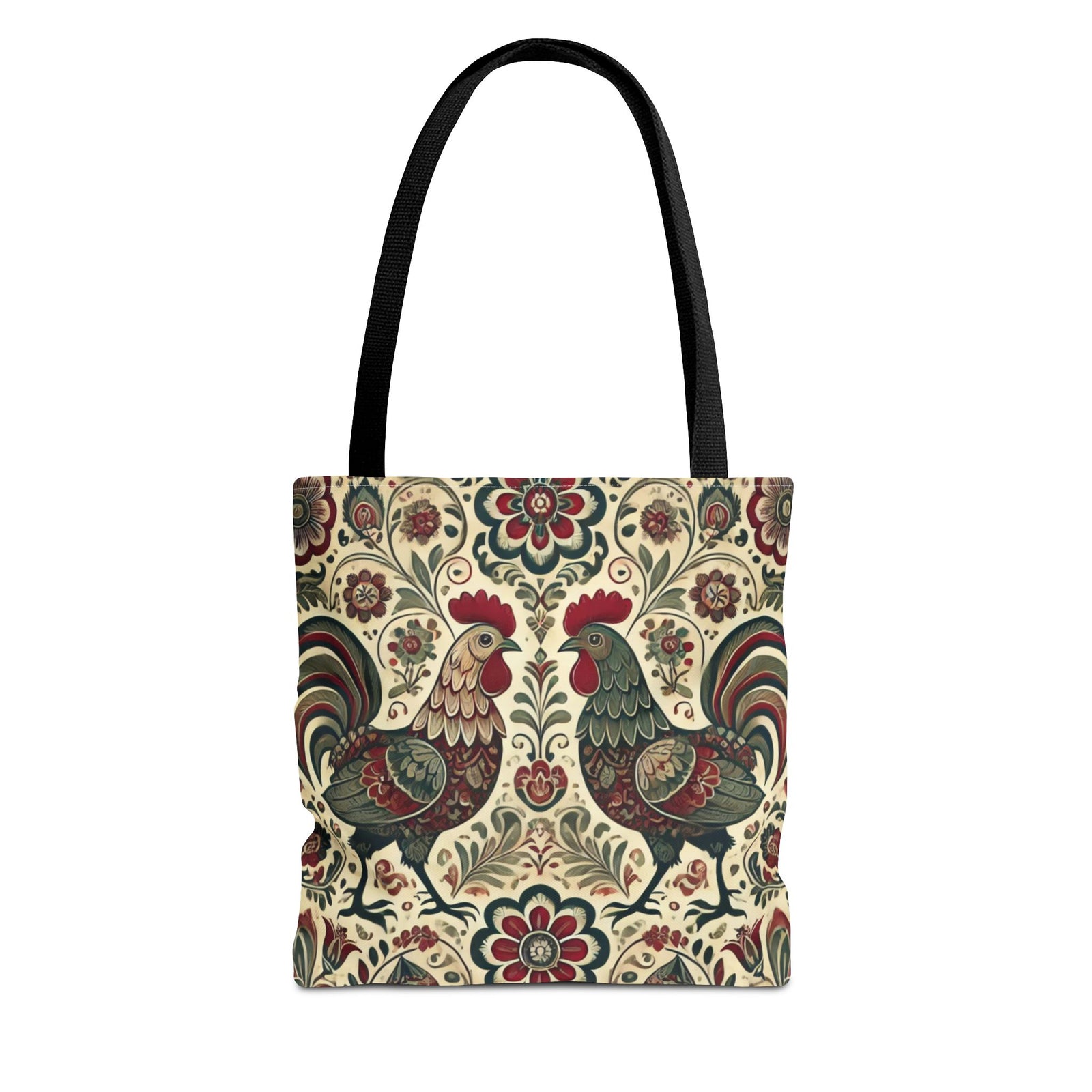 The Retro Themed Polish Wycinanki Rooster Pattern Folk Art Tote Bag features black handles and a vibrant print of two roosters amid ornate floral designs on a cream background.