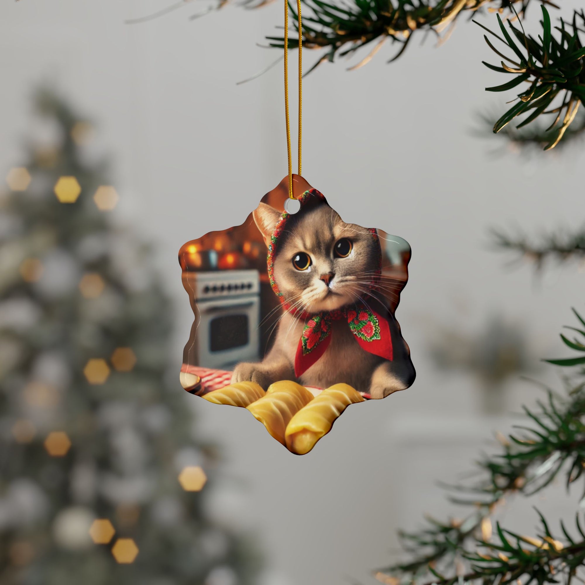 Polish Cat Making Golabki Ceramic Ornaments