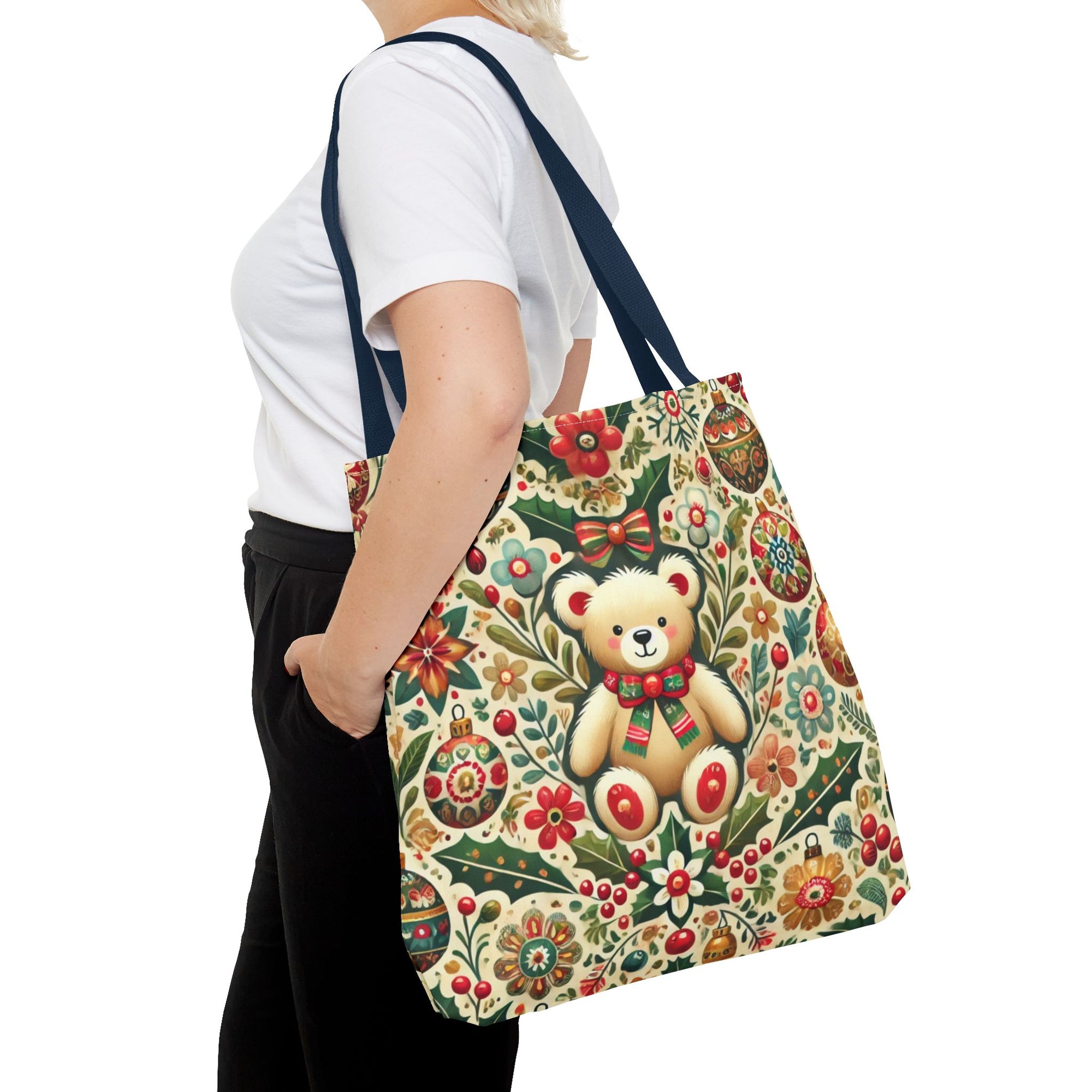 Festive Teddy Bear Folk Art Christmas Holiday Tote Bag