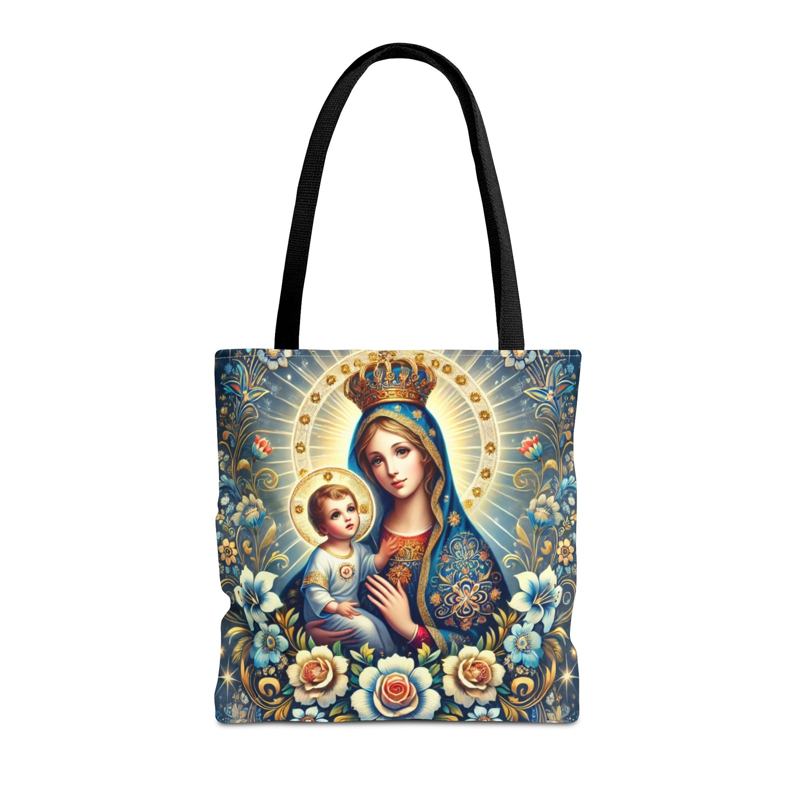 Virgin Mary Baby Jesus Floral Folk Art Tote Bag