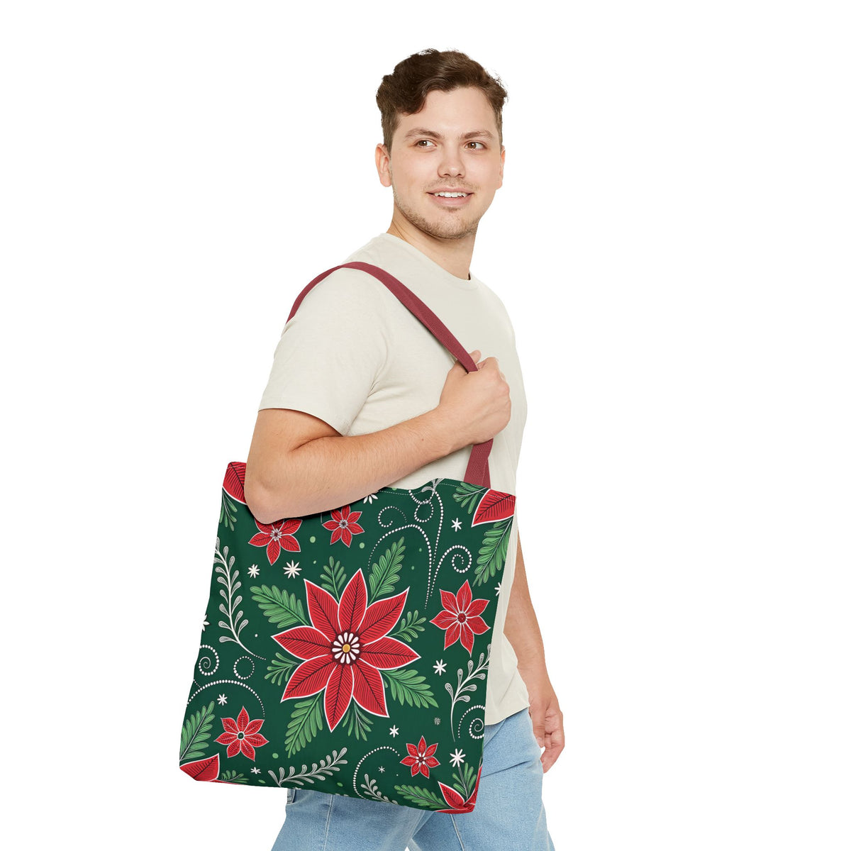Christmas Poinsettia Folk Art Tote Bag