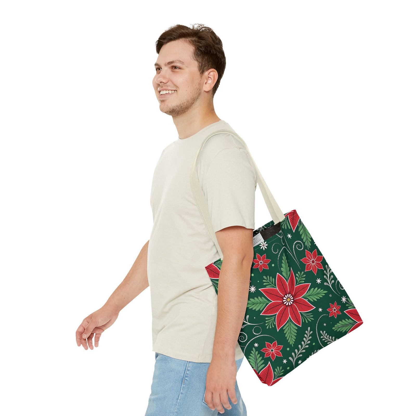 Christmas Poinsettia Folk Art Tote Bag