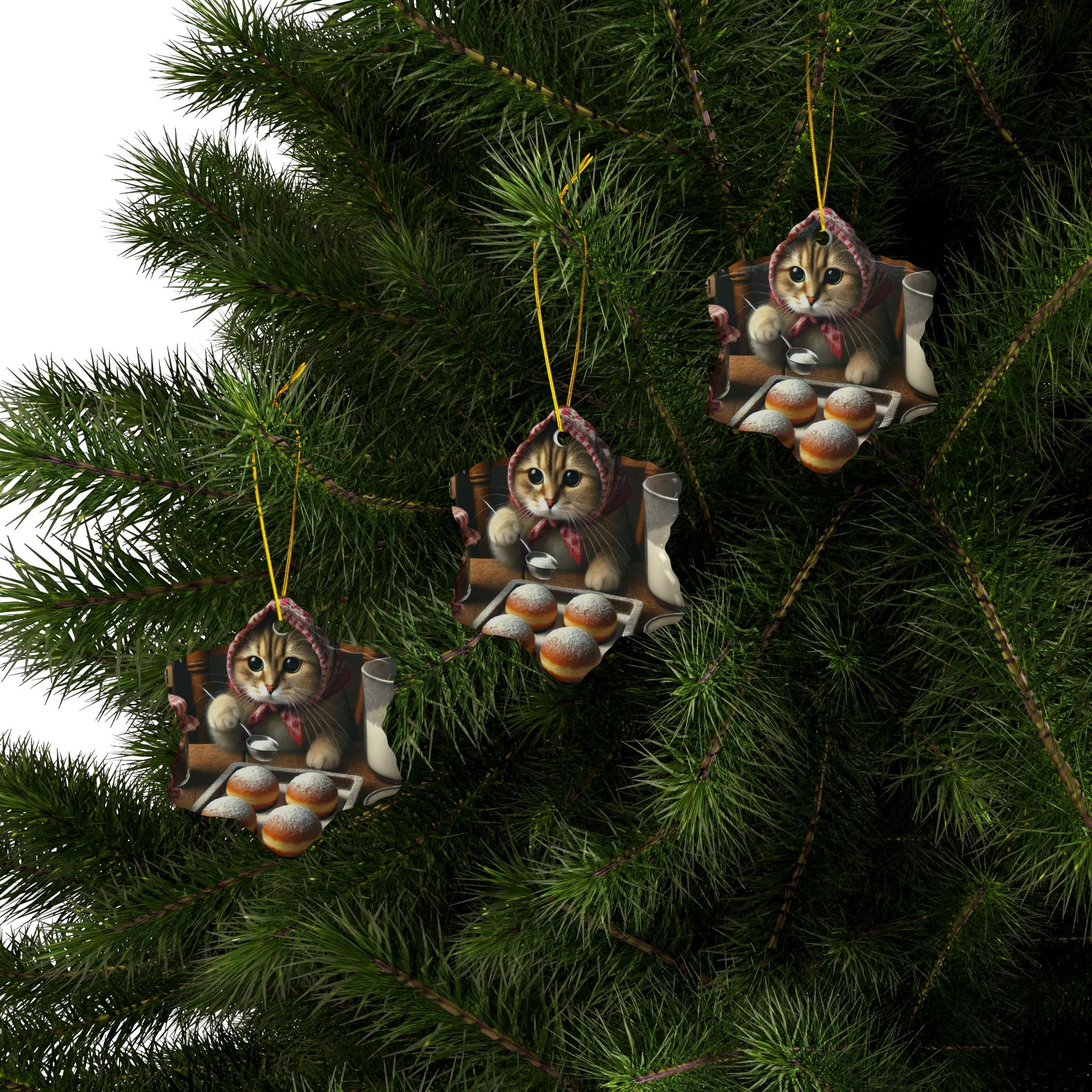 Babushka Cat Making Paczki Ceramic Ornaments