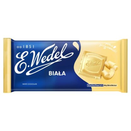 Wedel White Chocolate 80g comes in blue and cream packaging with an image of a white chocolate square and white chocolate curls—a perfect treat for any white chocolate lover.
