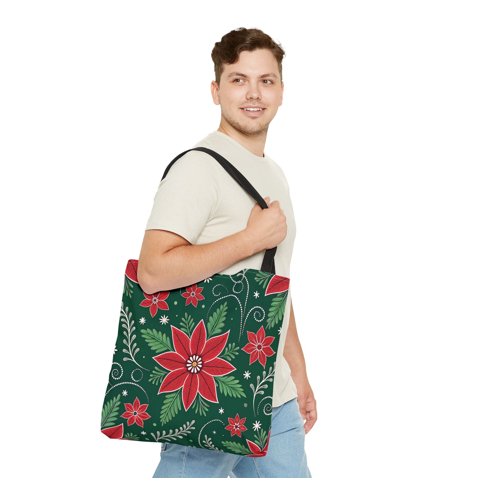 Christmas Poinsettia Folk Art Tote Bag