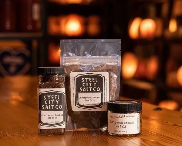 Three containers of Cherrywood Smoked Sea Salt—a jar, pouch, and small tub—rest on a wooden surface, softly lit in the background.