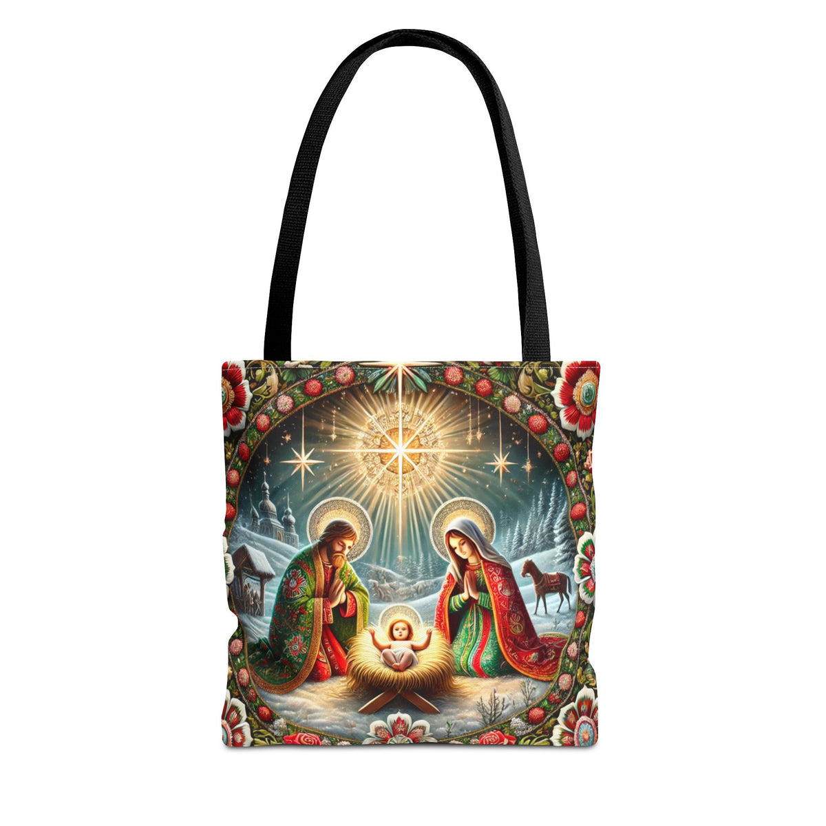 The Nativity Scene Holy Family Manger Biblical Artwork Tote Bag in black showcases Mary, Joseph, and baby Jesus with ornate floral patterns, a glowing star, and a snowy village background.