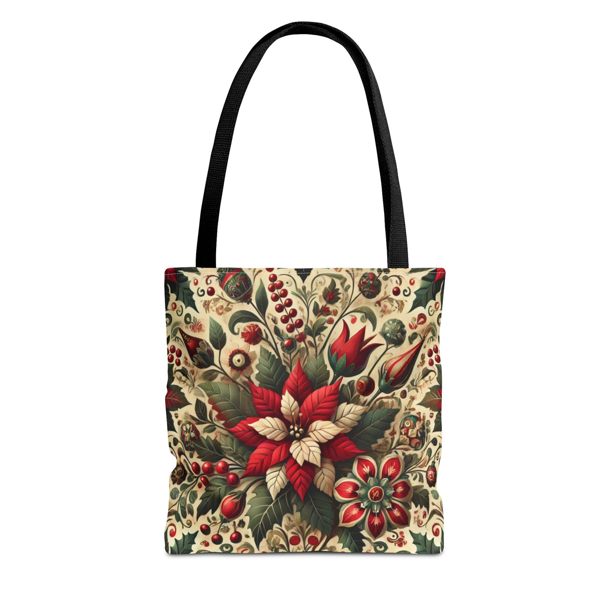 The Christmas Poinsettia Floral Art Holiday Tote Bag features a festive cream background with red poinsettias, green leaves, berries, swirling accents, and black handles.