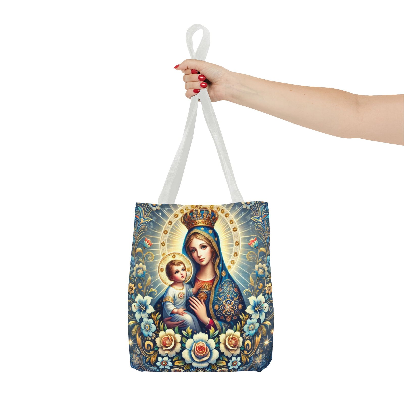 Virgin Mary Baby Jesus Floral Folk Art Tote Bag