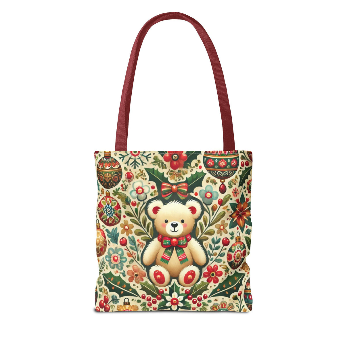 Festive Teddy Bear Folk Art Christmas Holiday Tote Bag