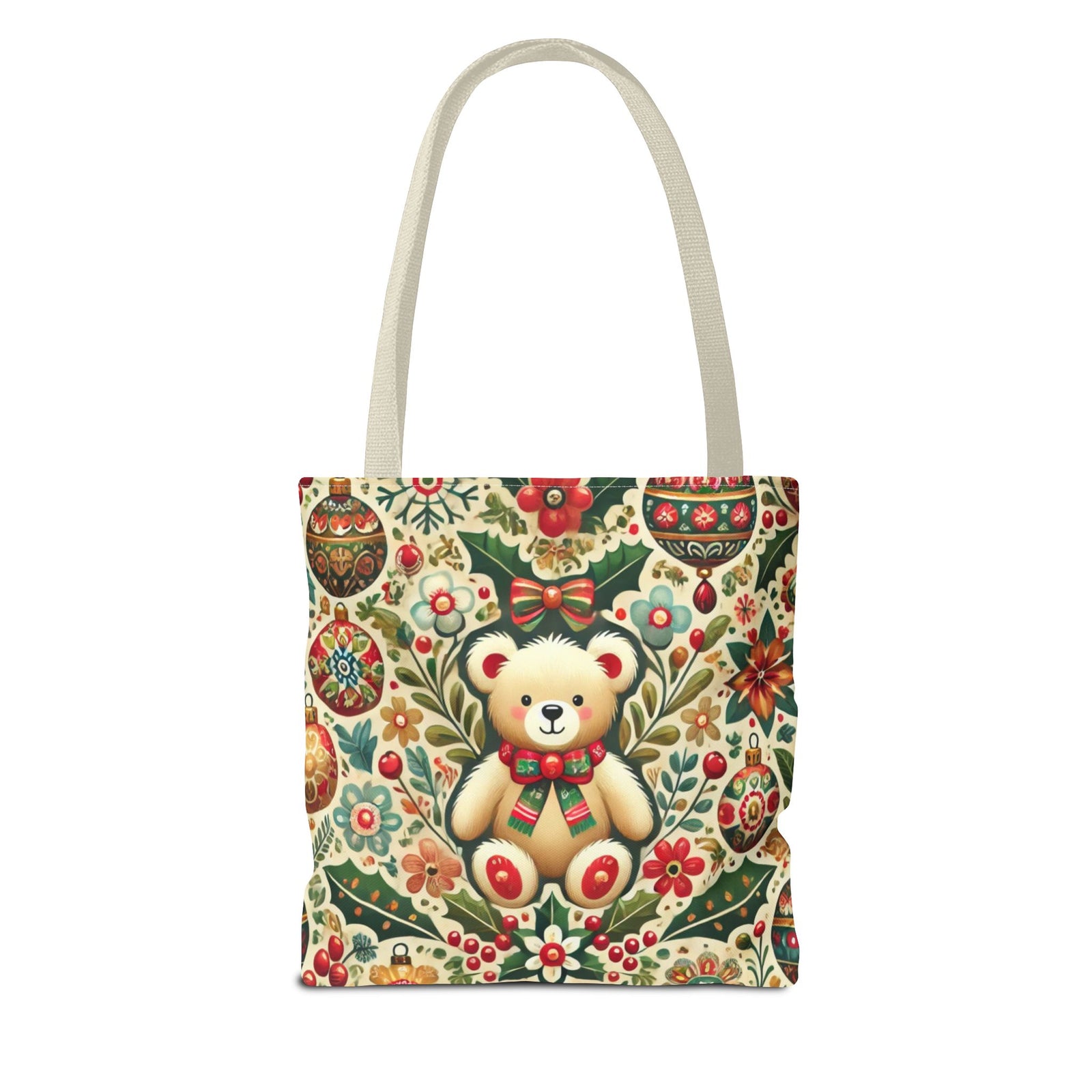 Festive Teddy Bear Folk Art Christmas Holiday Tote Bag