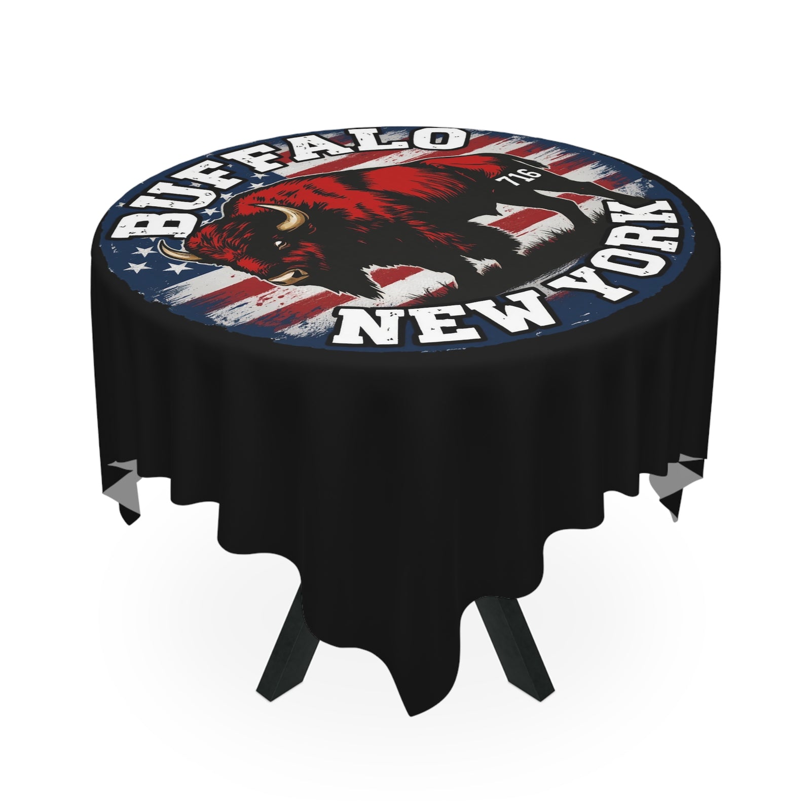 Round table draped with the Buffalo New York Tablecloth, Buffalo Gifts—a vibrant, full-print piece showcasing a bison, American flag, and “Buffalo New York” in bold white letters—ideal for unique home decor.