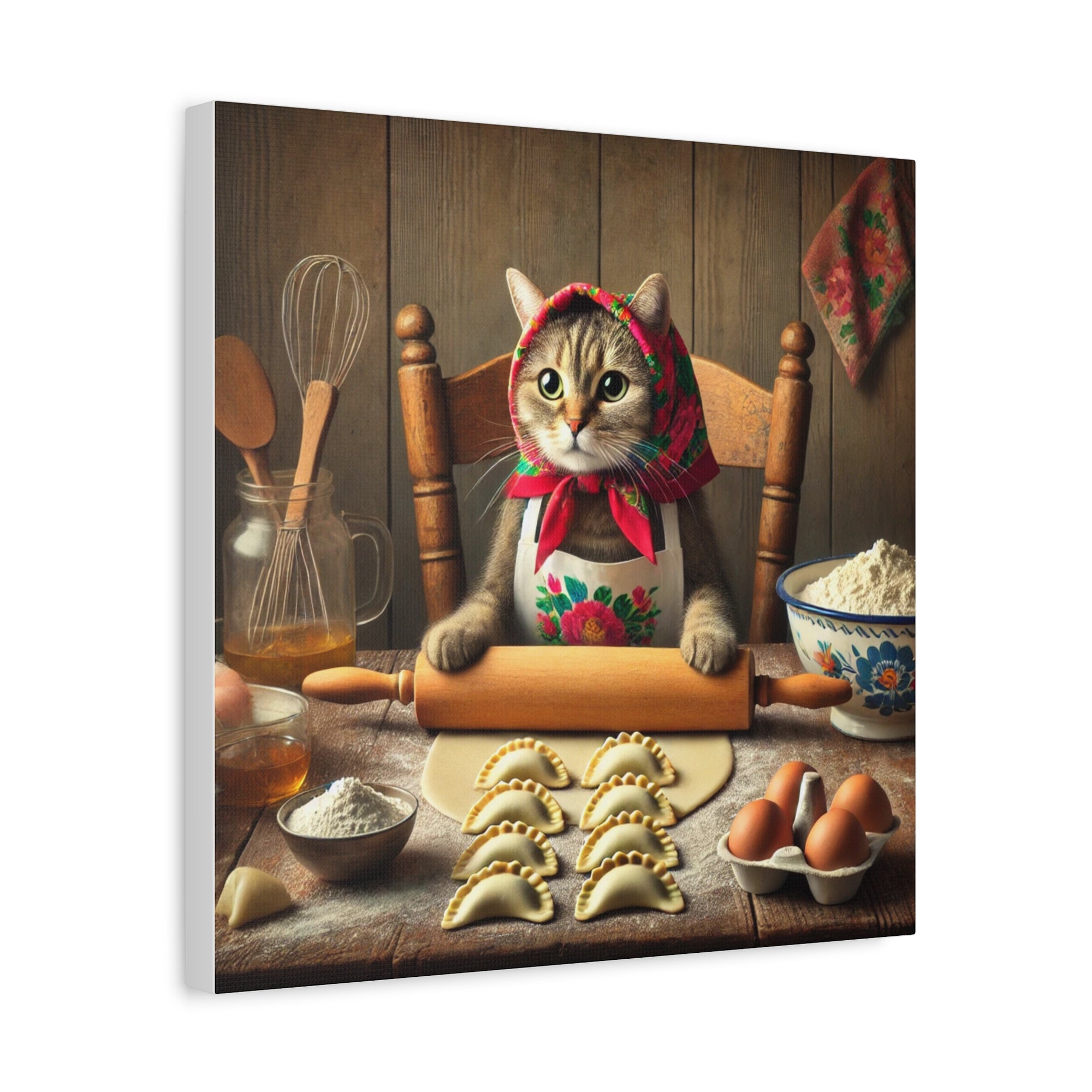 Babushka Cat Making Pierogi Matte Canvas, Stretched, 1.25"