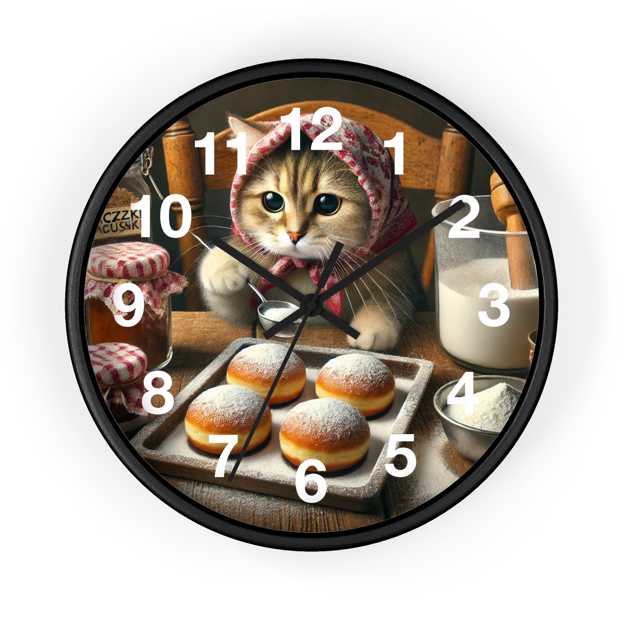 Add charm to your space with the Cute Polish Cat Making Paczki Wall Clock, featuring a cat in a red kerchief licking its lips with baking ingredients—perfect wall decor and a fun gift for cat lovers.