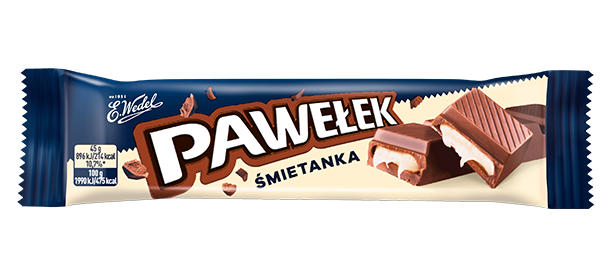 A 45g blue and cream Wedel Pawelek Cream (Smietankowy) chocolate bar, with the packaging displaying the product name and images of milk chocolate pieces filled with creamy white filling.
