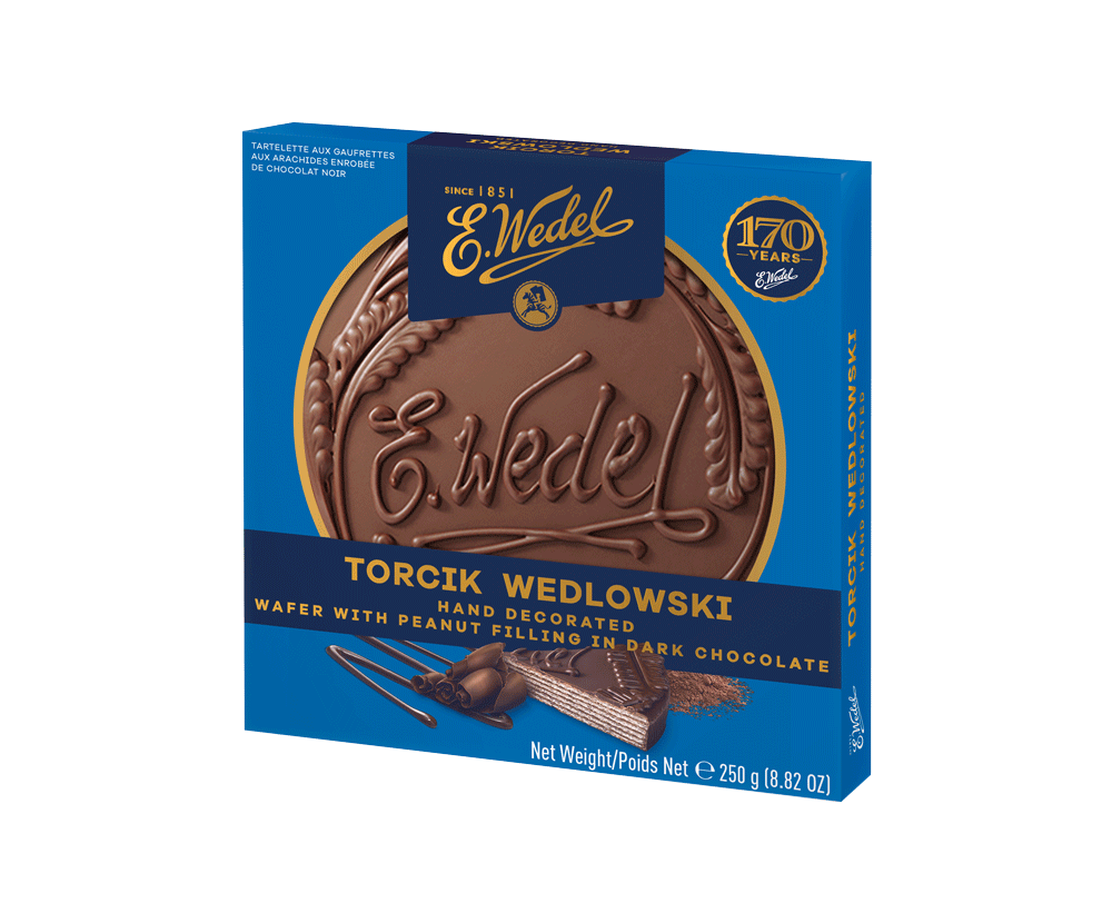The Wedel Torcik Wedlowski 250g is a hand-decorated wafer cake with peanut filling in dark chocolate, in blue packaging featuring the cake, “E.Wedel” writing, and a gold “170 years” emblem.