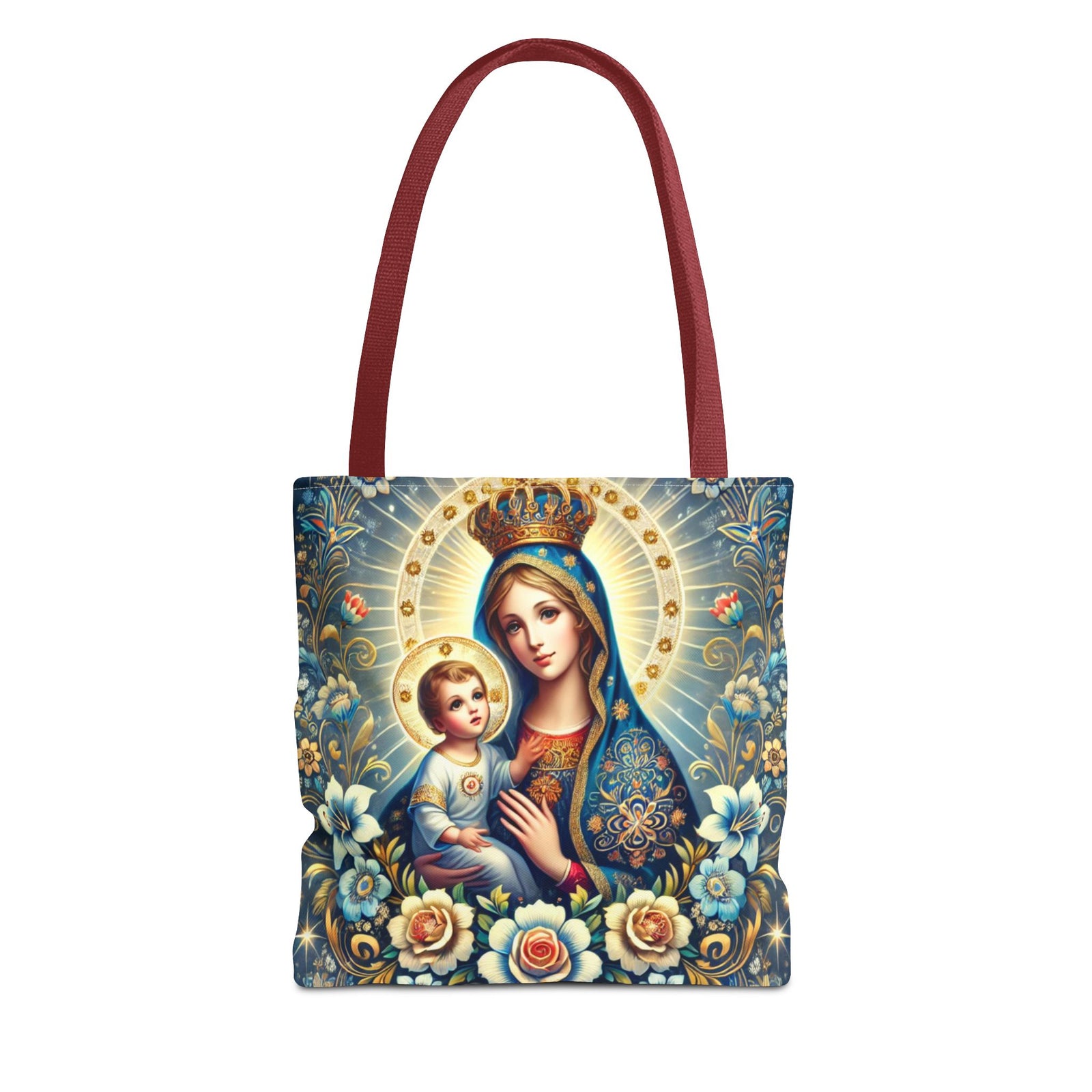 Virgin Mary Baby Jesus Floral Folk Art Tote Bag