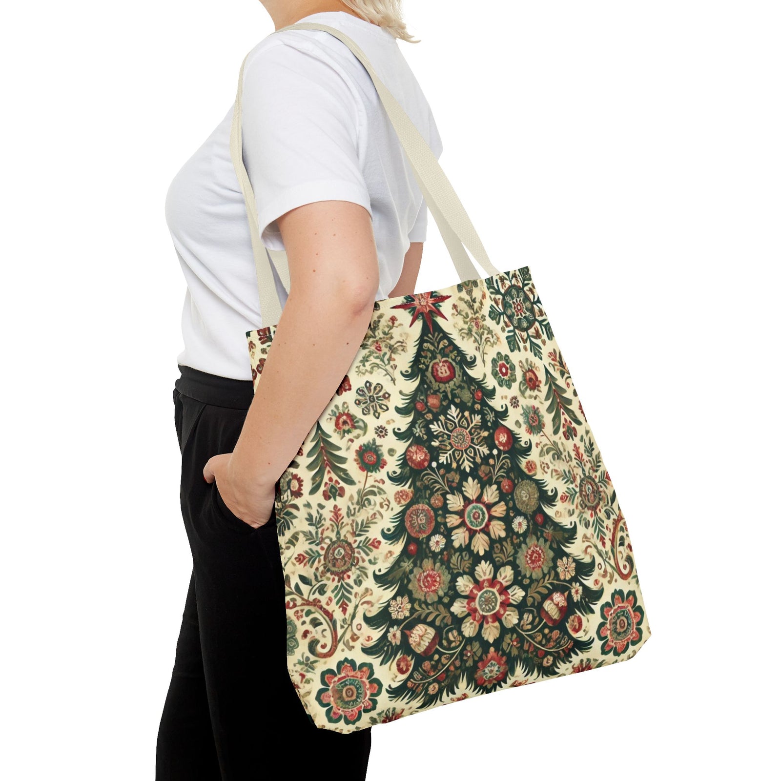 Vintage Christmas Trees Polish Folk Art Pattern Tote Bag