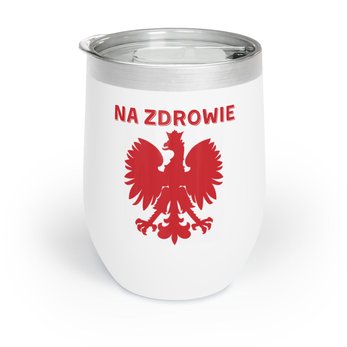 The Na Zdrowie Wine Tumbler is a white insulated stainless steel tumbler with a clear lid, featuring a red Polish eagle and bold &quot;NA ZDROWIE&quot; text—perfect for keeping your drinks at the ideal temperature.