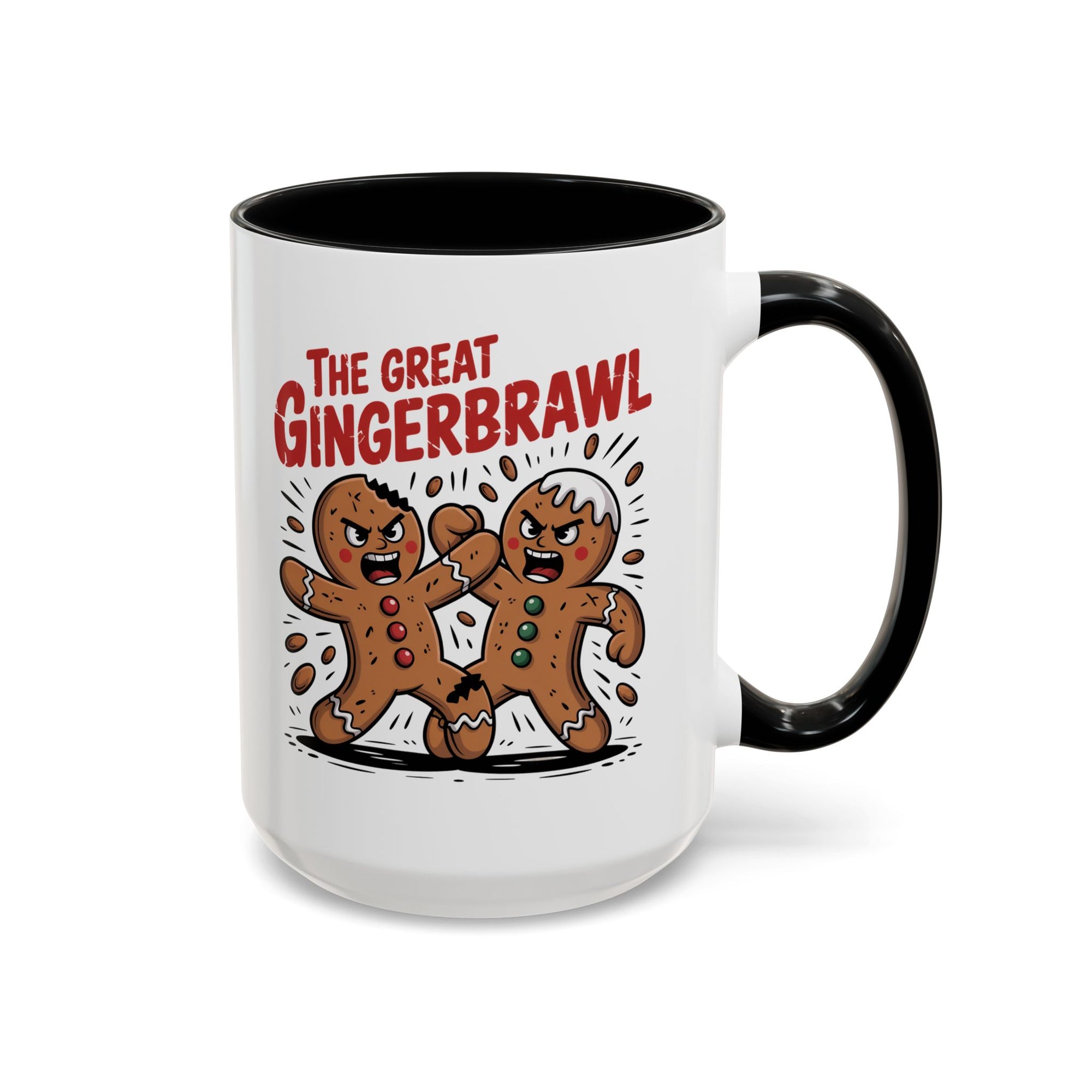 The Gingerbread Man GingerBrawl Coffee Mug With Color Inside features a black handle and displays two angry gingerbread men fighting with "The Great Gingerbrawl" in bold red—ideal for playful coffee lovers.