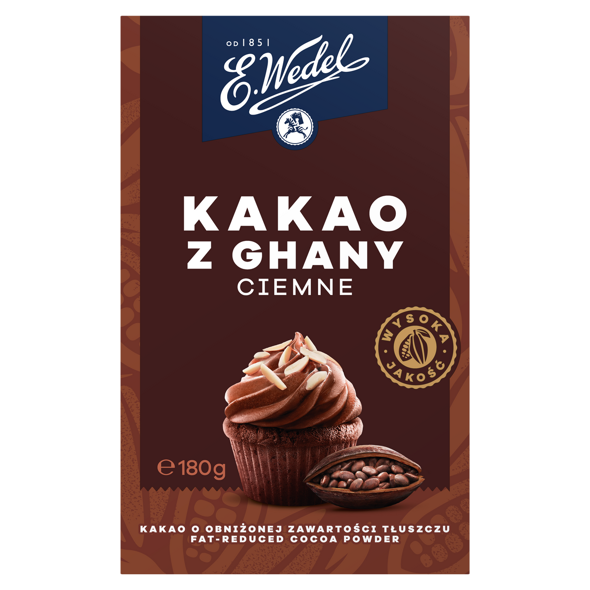 The Wedel Cocoa Dark (Kakao Ciemne) 180g package features a chocolate cupcake with frosting and cocoa beans on a brown, gold-accented packet, highlighting its rich dark cocoa content.