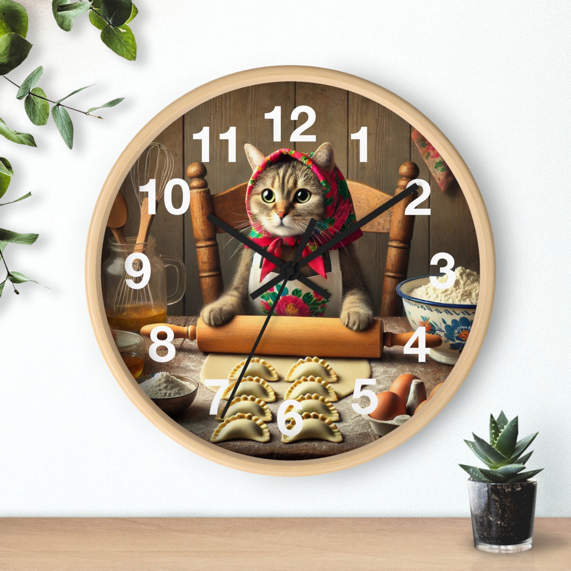 Babushka Cat Making Pierogi Wall Clock