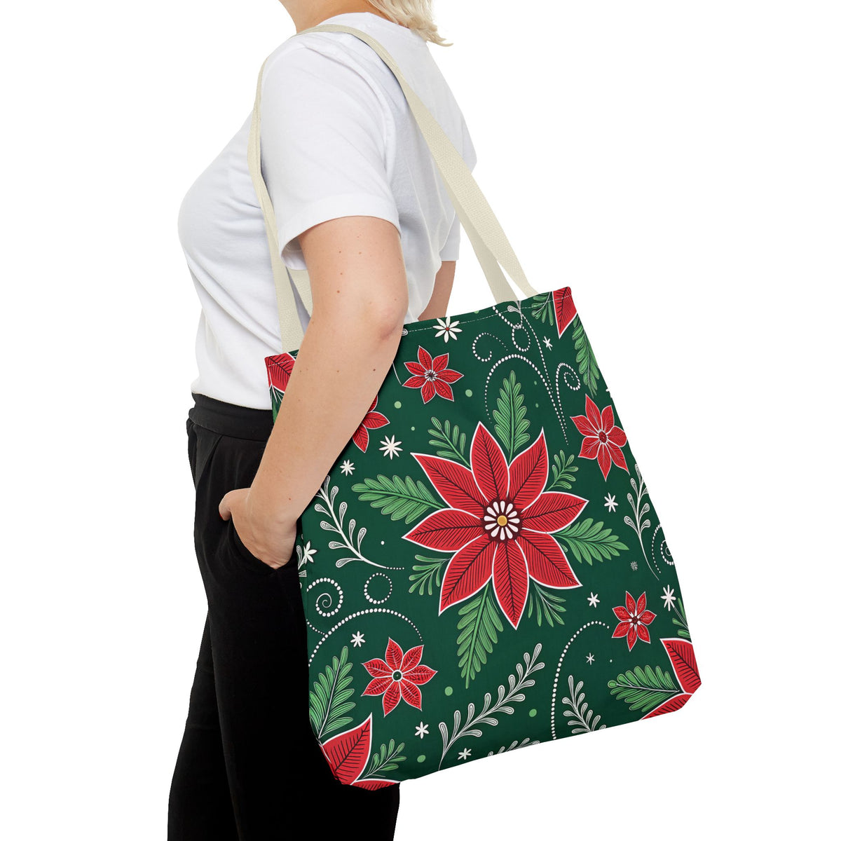 Christmas Poinsettia Folk Art Tote Bag