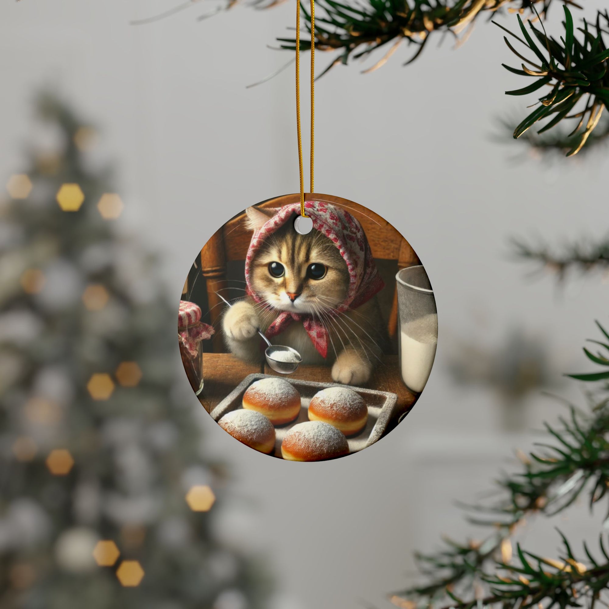 The Babushka Cat Making Paczki Ornament features a kitten in a headscarf at a table with milk and donuts, perfect for adding charm to your holiday tree.