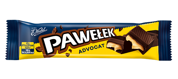 Wedel Pawelek Advocat 45g is a chocolate bar in a blue and yellow wrapper, showing chocolate squares with a creamy yellow filling on the package.