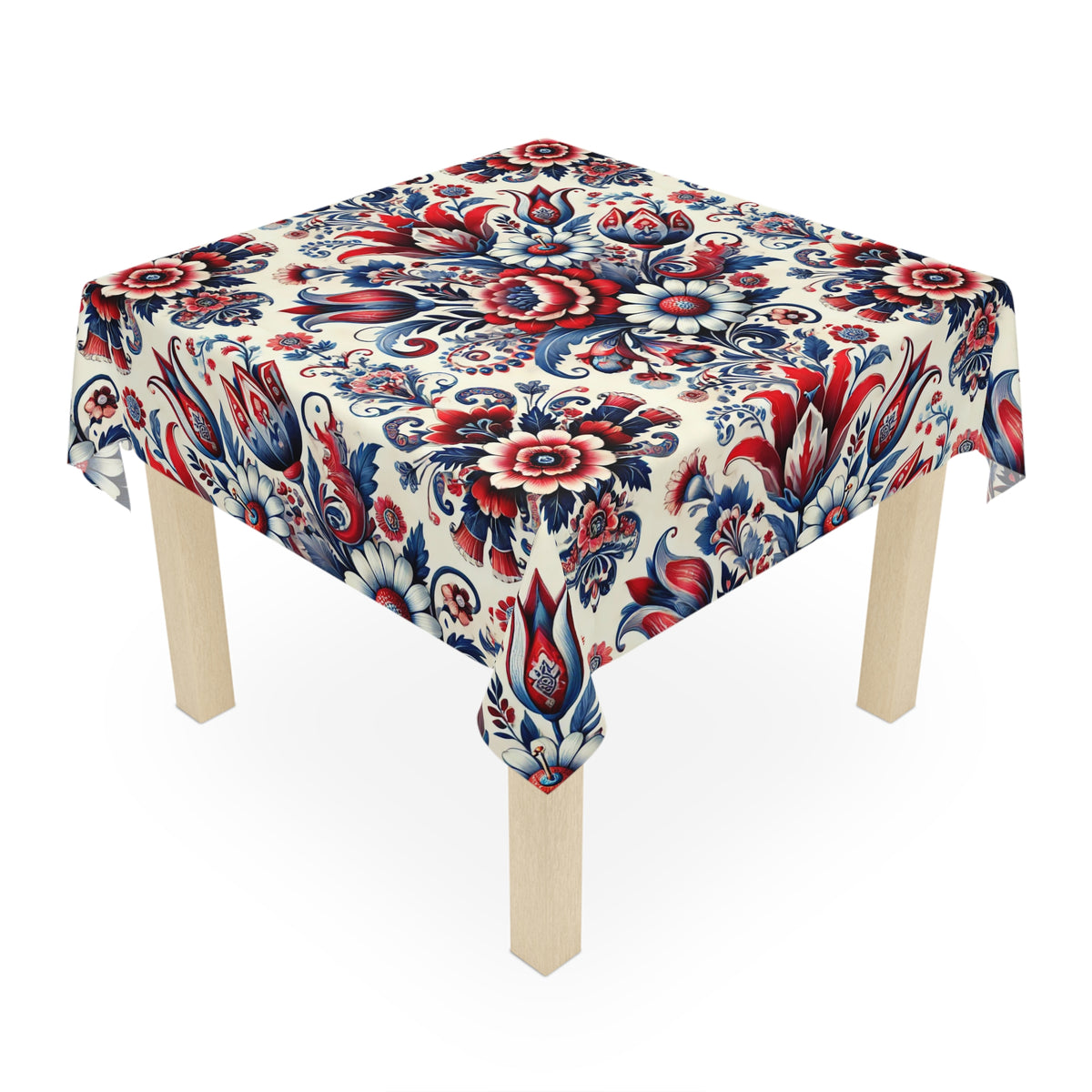 The Colorful Floral Roses Tablecloth in white features vibrant red, blue, and navy floral patterns with intricate designs, making it a striking choice to enhance your home decor.